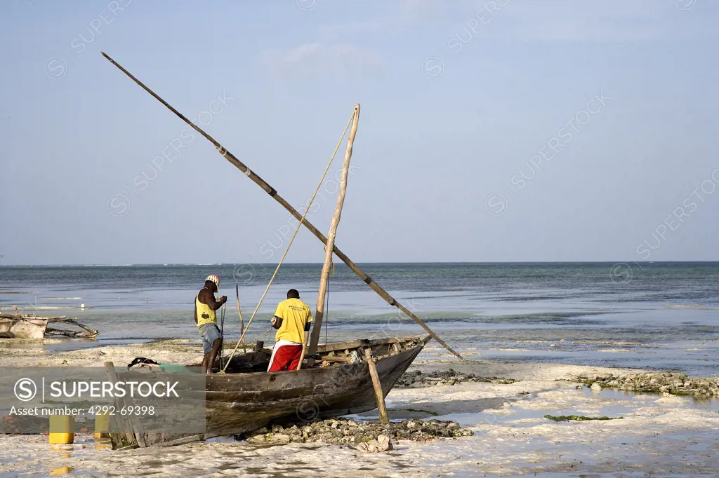 Africa, Tanzania, Zanzibar, Fishermen on the Boat.