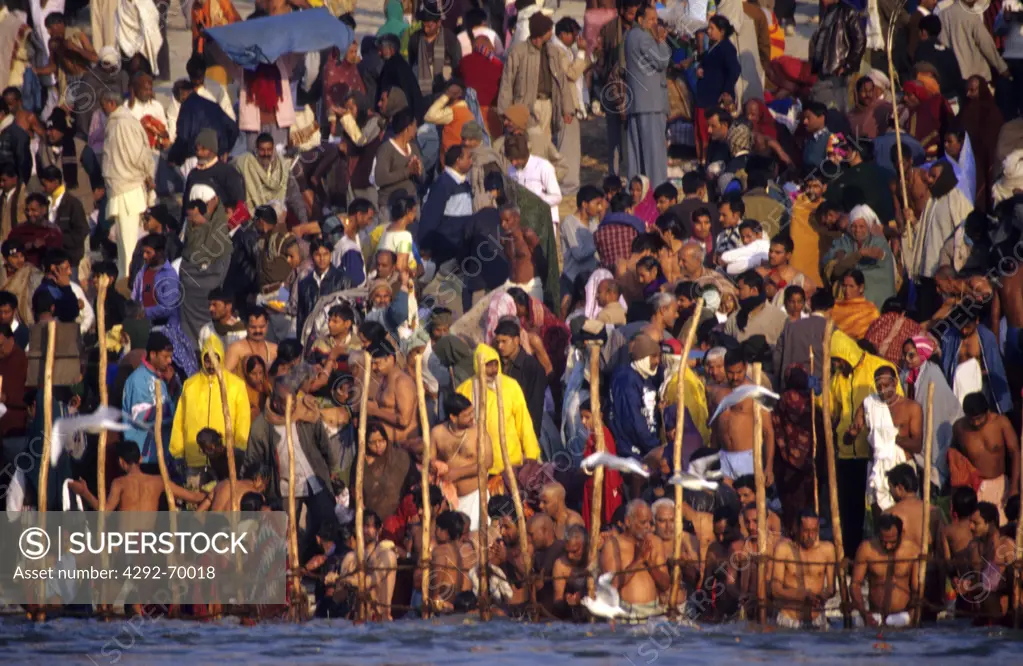 India,Uttar Pradesh, Allahabad (Prayag), Kumbh Mela holy Festival. People bathing in Sangam river
