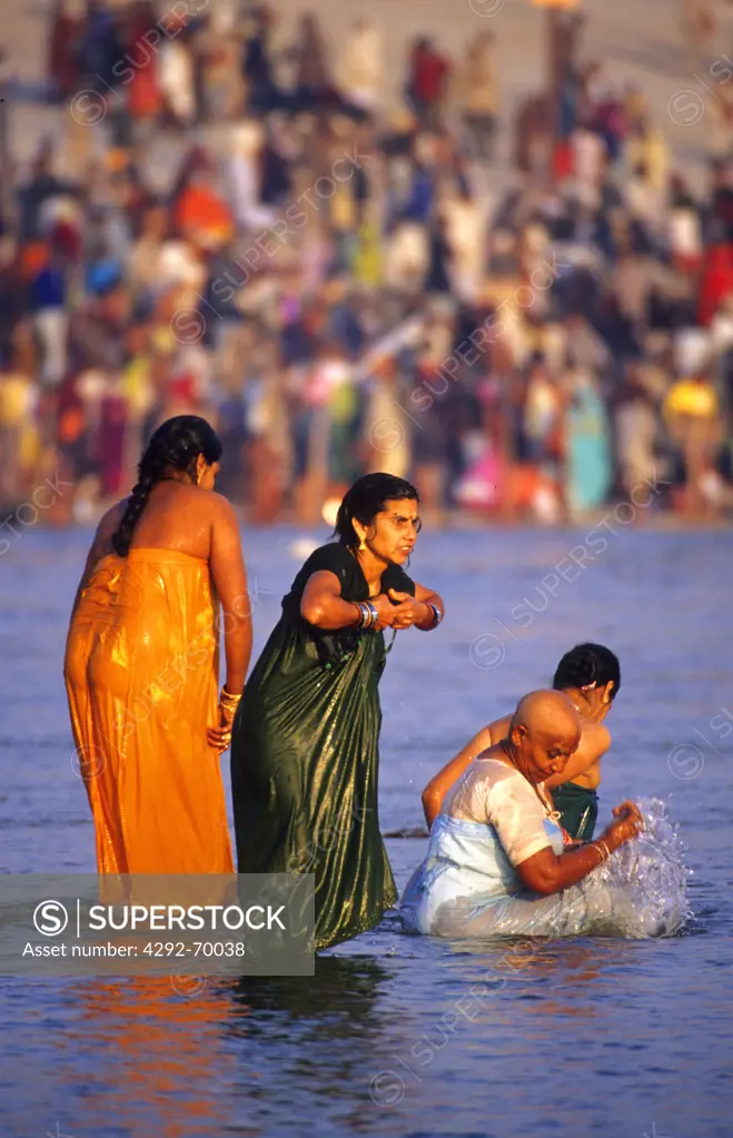 India,Uttar Pradesh, Allahabad (Prayag),Kumbh Mela holy Festival. Women bathing in Sangam river