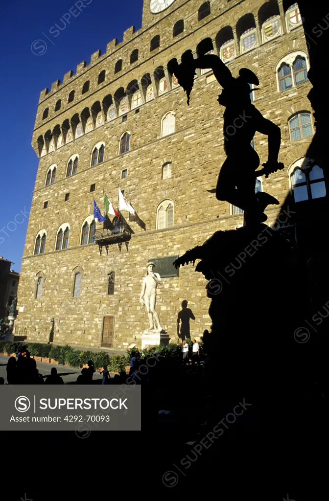 Italy, Tuscany, Florence, Signoria Square, Lanzi's Loggia, Perseus, artist Benvenuto Cellini, ,bronze statue, Medusa Gorgon, Vecchio Palace