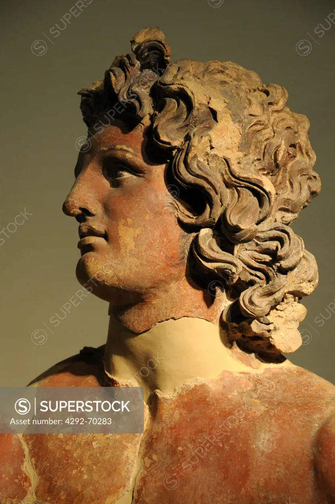 Italy, Lazio, Rome, Villa Giulia, the Etruscan Museum, Etruscan Art, Painted Terracotta Head.