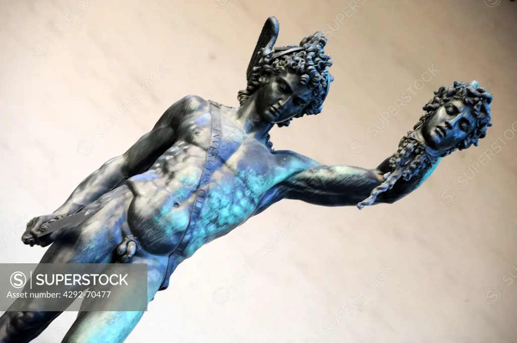 Italy, Tuscany, Florence, Signoria Square, Lanzi's Loggia, Perseus, artist Benvenuto Cellini, bronze statue, Medusa Gorgon.