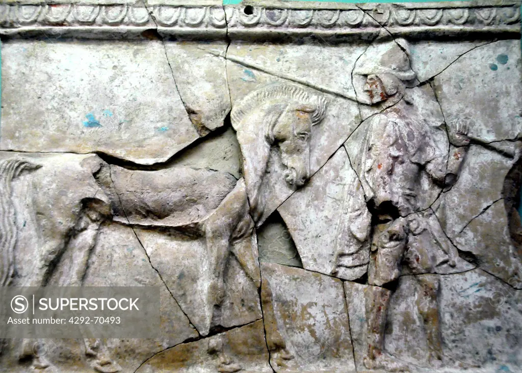 Italy, Calabria, Reggio Calabria, National Museum, Magna Grecia, Pinax From Mannella Sanctuary in Locri Epizefiri, Terracotta Votive Small Plank, a Warrior with his Horse.