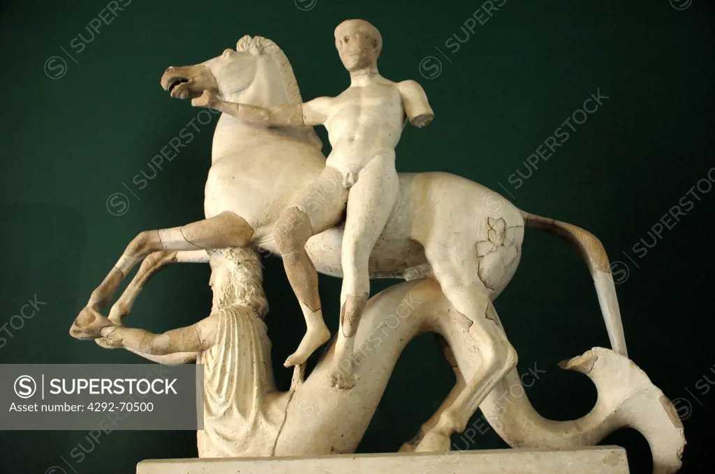 Italy, Calabria, Reggio Calabria, National Museum, Magna Grecia, Marble Statue from Ionic Temple of Locri Epizefiri, Dioscuri and Triton at Sagras Battle.