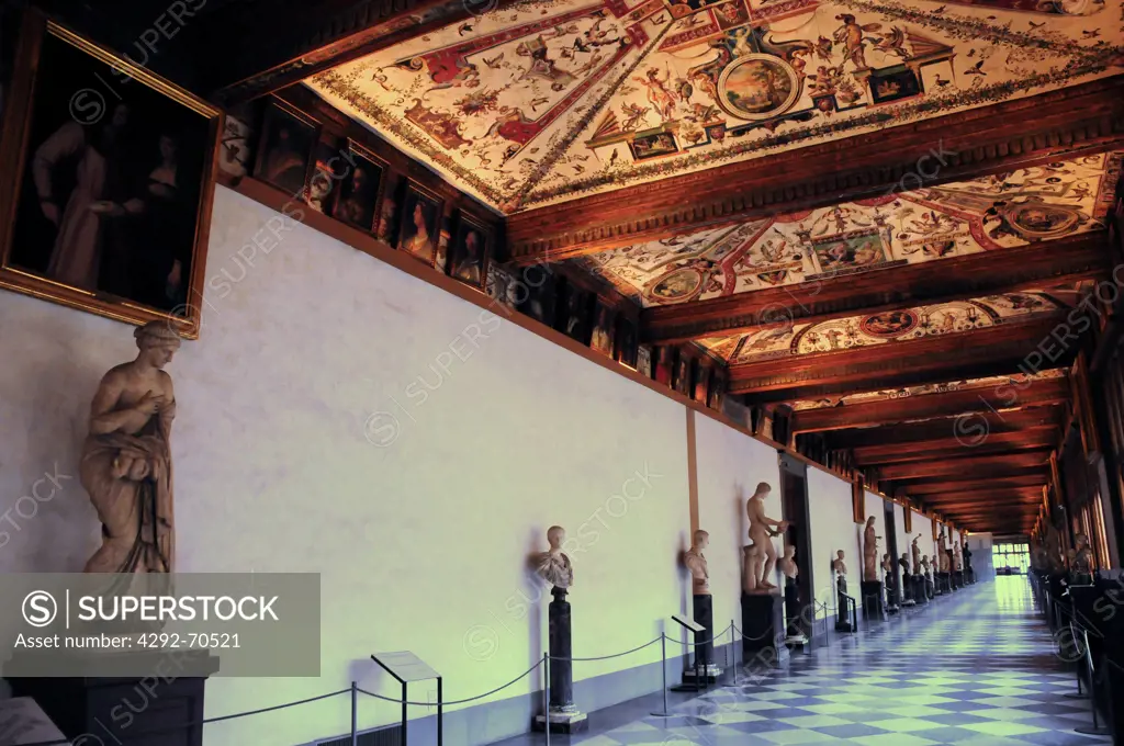 Italy, Tuscany, Florence, Galleria degli Uffizi, Eastwards Corridor, Grotesque Frescos Ceiling, Antonio Tempesta and Alessandro Allori Artists.