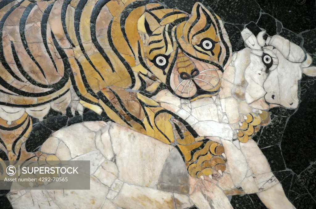 Italy, Lazio, Rome, Capitoline Museum, Palazzo dei Conservatori, panel on coloured marbles, opus sectile art technique, calf attacked by a tiger tiger