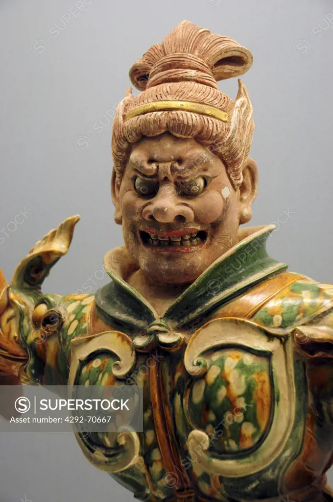 Asia, China, Shanghai, Shanghai Museum, polychrome glazed pottery statue of heavenly guardian, Tang, A.D. 618. 907