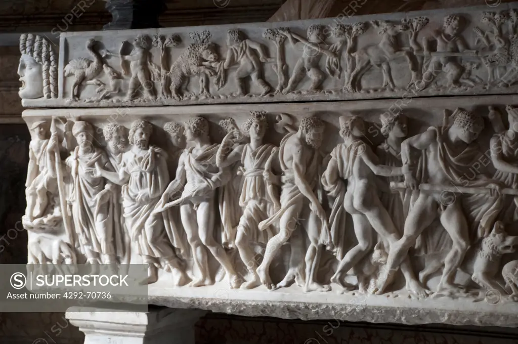Italy, Rome, Capitoline Museum, Palazzo Nuovo, marble sarcophagus with scenes of hunts to the Calydonian boar, end of 2nd century A.D.