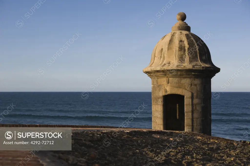 Turret at El Morro Fortress overlooking the sea. San Juan, Puerto Rico, Caribbean