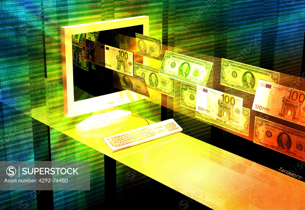 Euro and dollar banknote coming out of a computer monitor