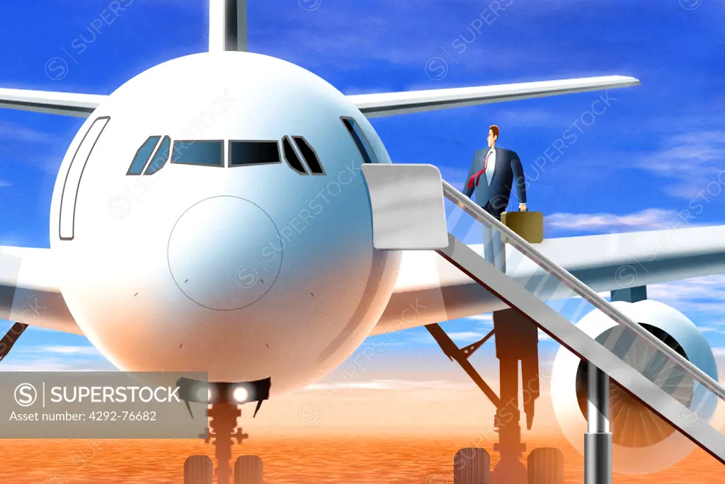 man climbing ladder of airplane