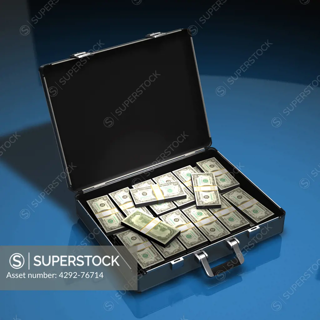 Briefcase filled with stacks of US dollars