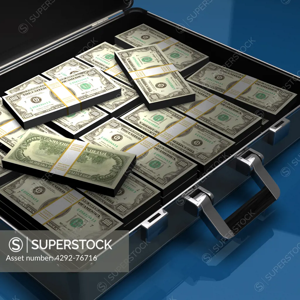 Briefcase filled with stacks of US dollars
