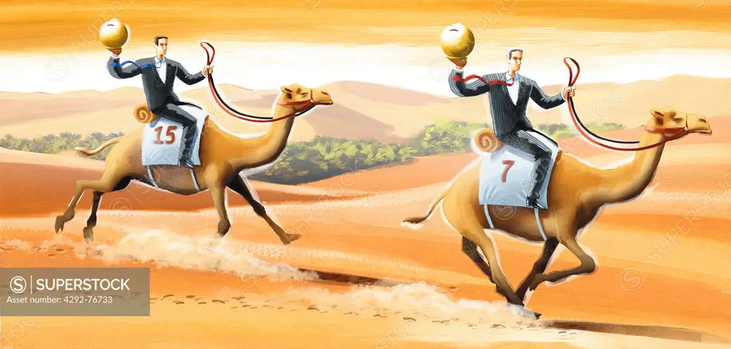 Businessmen with moneybox riding dromedary during race