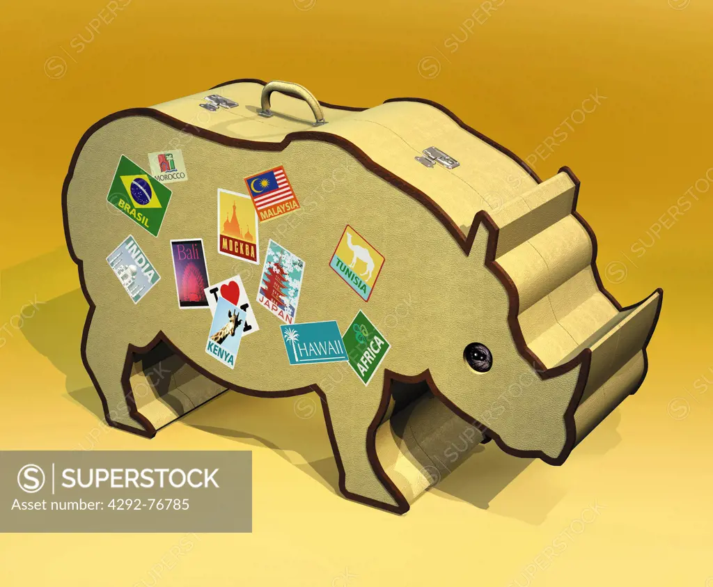 Rhino shaped suitcase with stickers