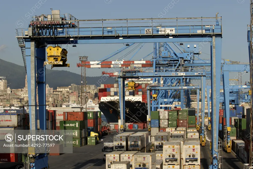 Italy, Genoa, container stacks in container terminal