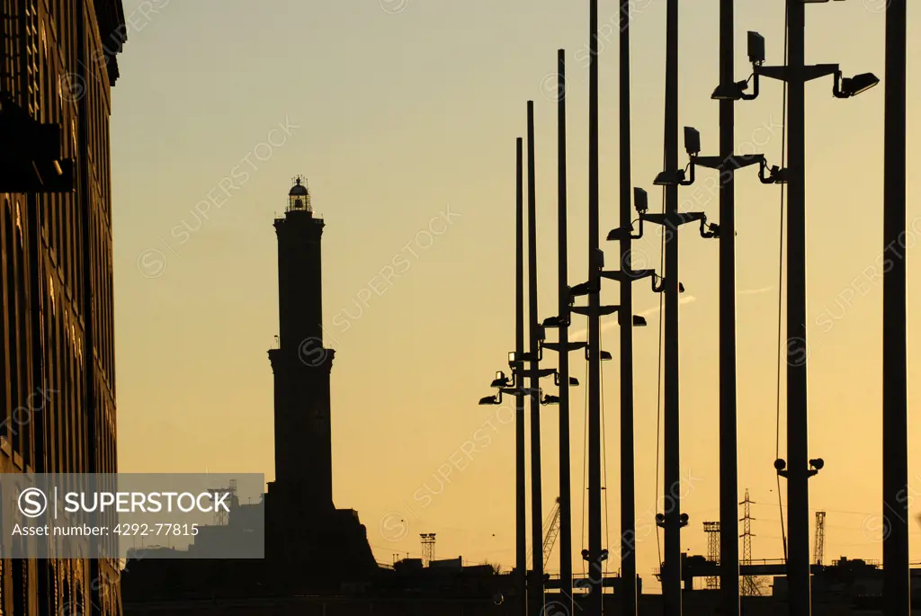 Liguria, Genoa, lighthouse La Lanterna at dusk