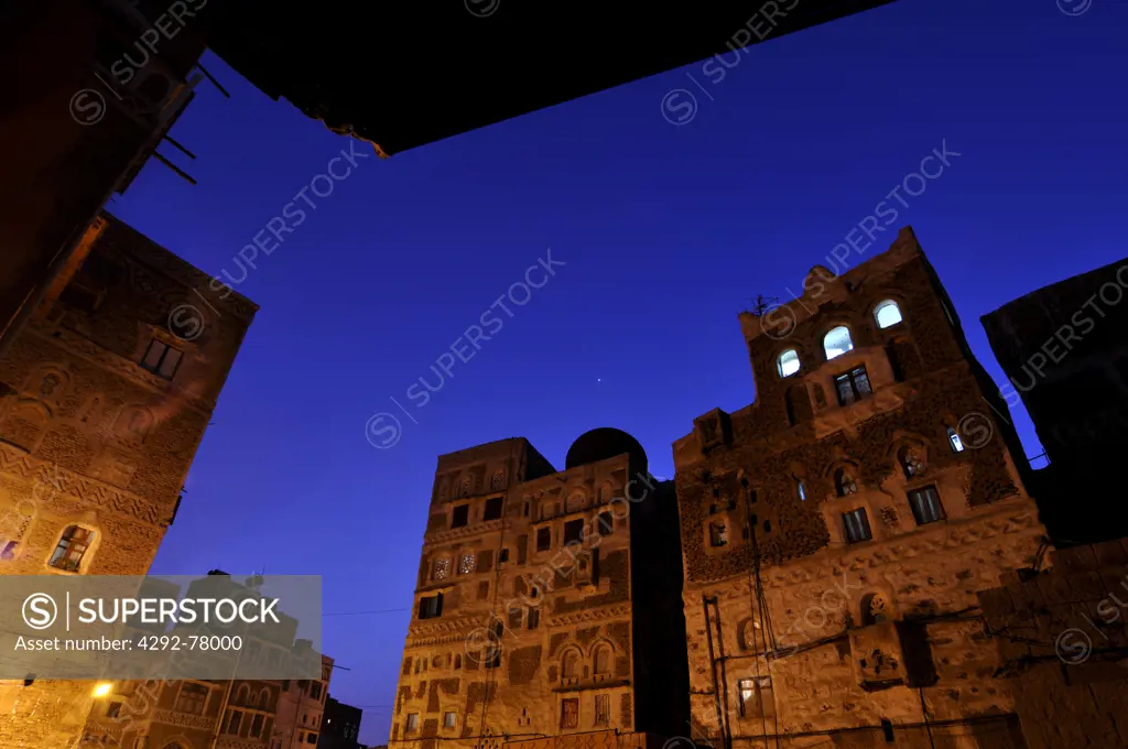 Yemen, Sanaa, detail of houses at night