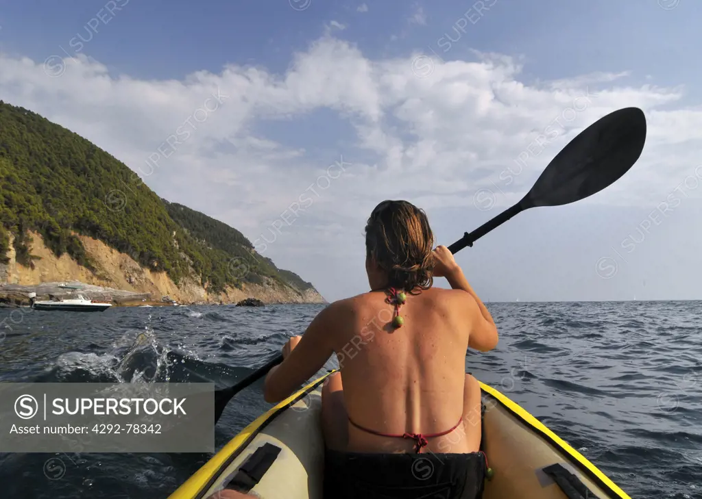 Italy, Liguria, sea kayak trip along Tellaro Coast, Montemarcello Natural Park