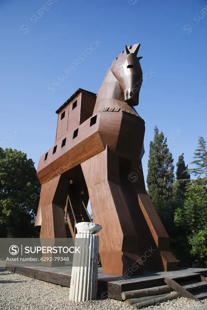 Turkey, archeological site of Troy, wooden Trojan horse replica for tourists
