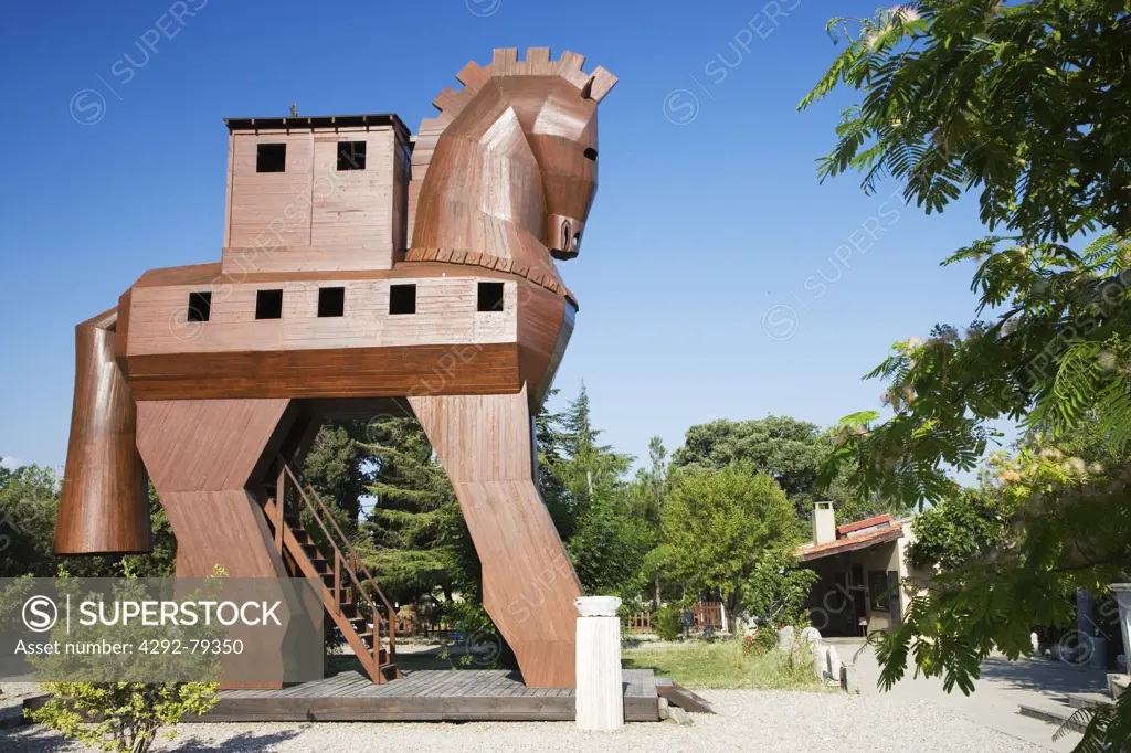 Turkey, archeological site of Troy, wooden Trojan horse replica