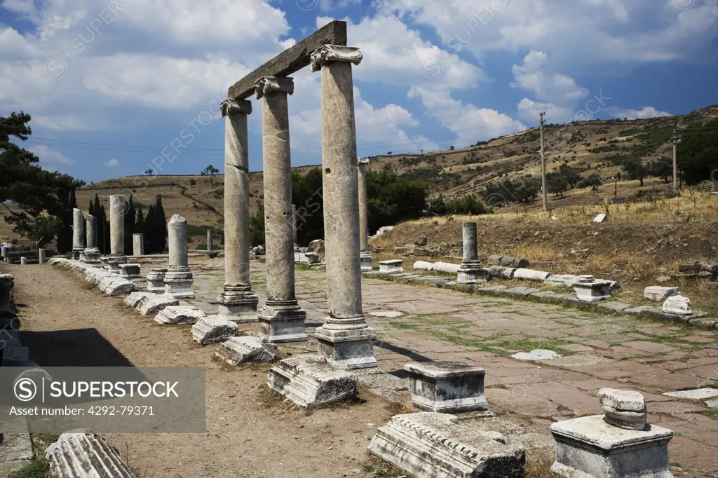 Turkey, Bergama, Pergamum, road with columns of the sacred area of Asklepion