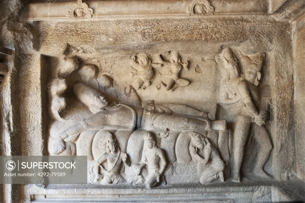 India, Tamil Nadu, Mahabalipuram, UNESCO world heritage, the Mahishamardini Cave Temple, Seshasayi Vishnu Panel, a sculpture of sleeping Vishnu