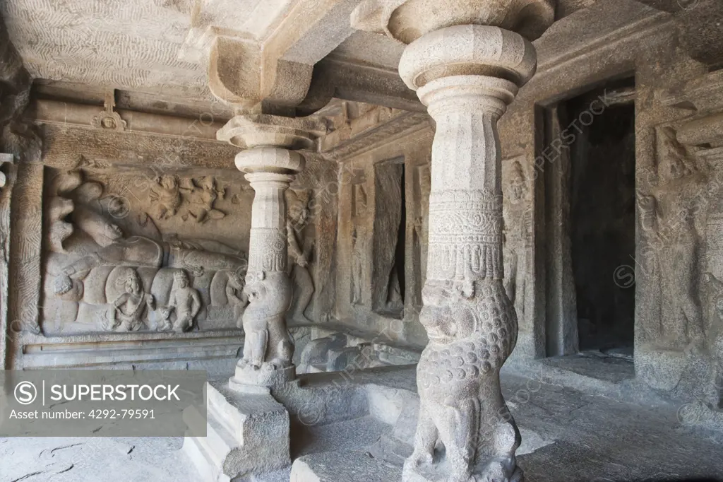 India, Tamil Nadu, Mahabalipuram, UNESCO world heritage, The Mahishamardini Cave Temple, Seshasayi Vishnu Panel in the background