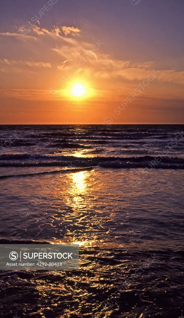 USA, South Carolina, Sunset at Folly Beach.