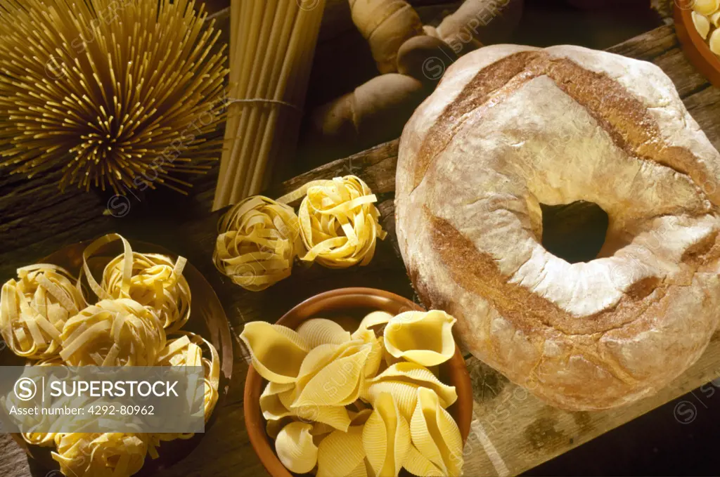 Different kinds of handmade, organic bread and pasta