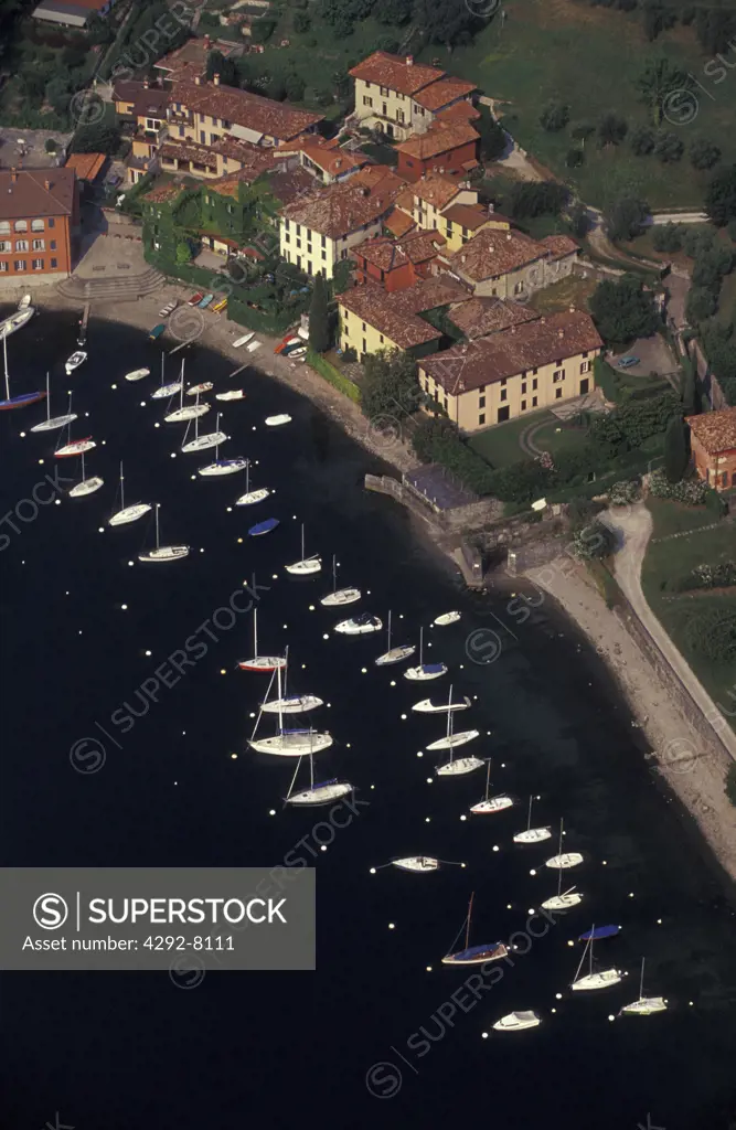 Italy, Lombardy, Bellagio, Como lake, Pescallo harbour Aerial view