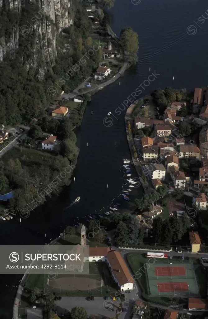 Italy, Lombardy, Lugano Lake, Lavena canal, border with Switzerland, aerial view
