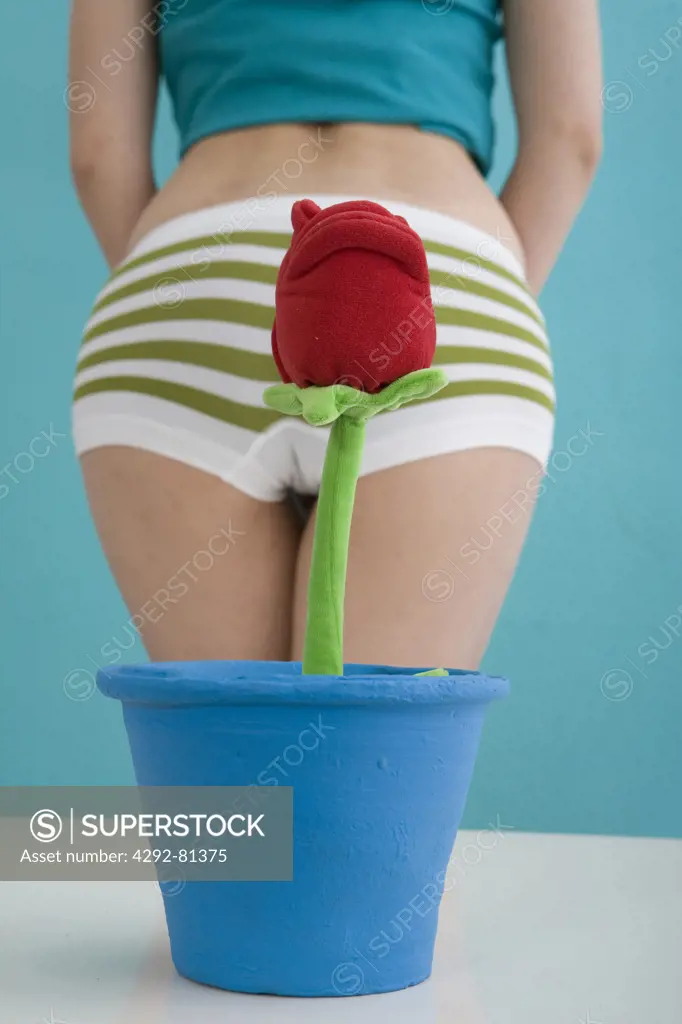 Rear view of a woman wearing panties, artificial flower in foreground