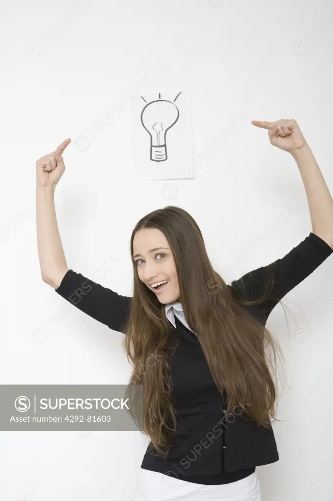 Woman with lightbulb drawing over her head