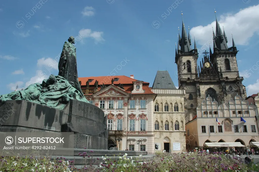 Czech Repblic,  Prague,  Jan Hus Monument. Tyn Church.The Old Town Square