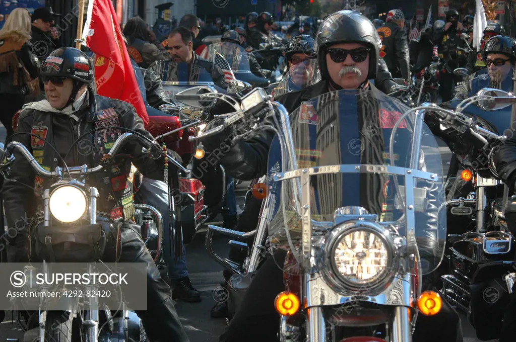 USA, New York City. Policemen on motorcycles at Veterans Day Parade