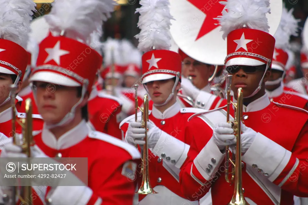 USA, New York, New York City, Times square.Marching band during the parade of Macy's store