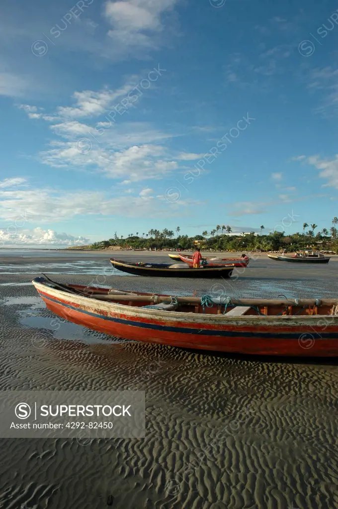 Brazil, Ceara State, Jericoacoara, Fishing Boats along the Seashore
