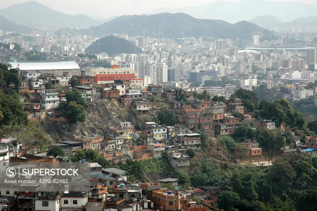 Brazil, Rio de Janeiro, Landscape of Downtown and the Favela in Santa Teresa neighborhood