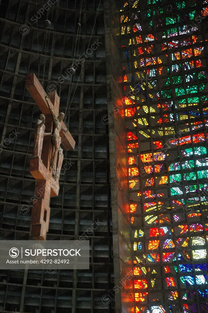 Brazil, Rio de Janeiro, the Catedral Metropolitana, (Metropolitan Cathedral), Windows and Crucifix