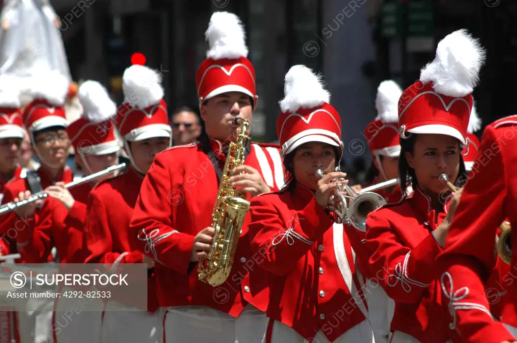 USA, New York, New York City, Marching Band during the Philippines Parade, along the Fifth Avenue