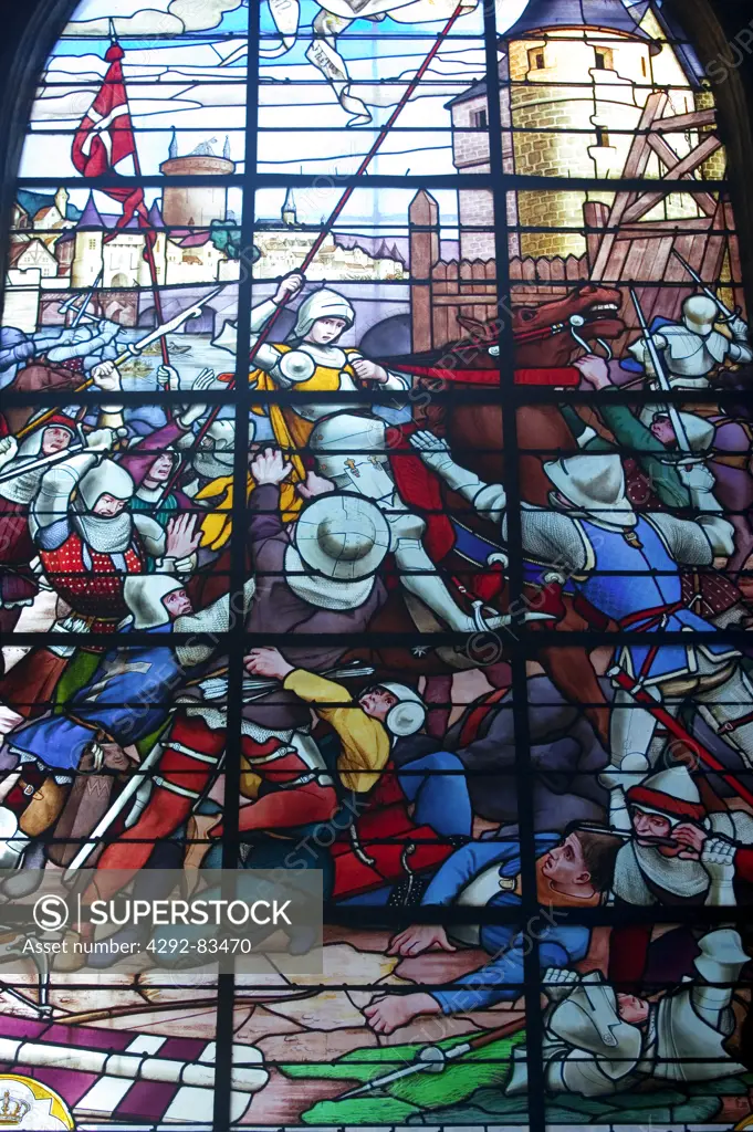 France, Picardy, Compiegne, Saint Antoine church window representing the capture of Jeanne D'Arc