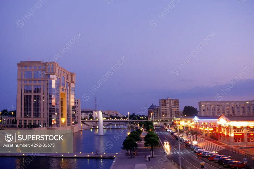 France, Montpellier, Antigone district, view of the region house at night