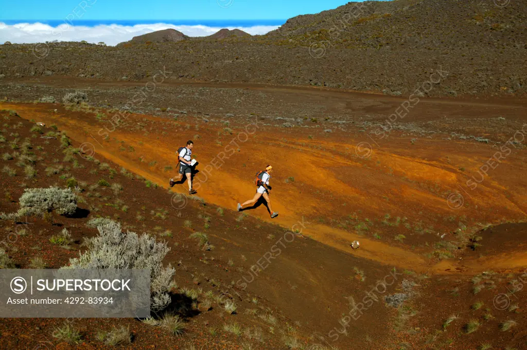 Africa, Reunion island, people on Sand plain near Piton de la Fournaise volcano