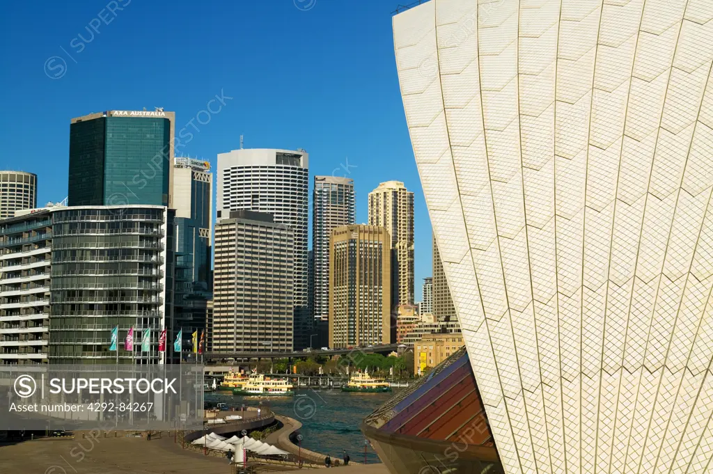 Australia, Sydney, detail of the Opera House Waterfront skyline Circular Quay in Sydney Harbour