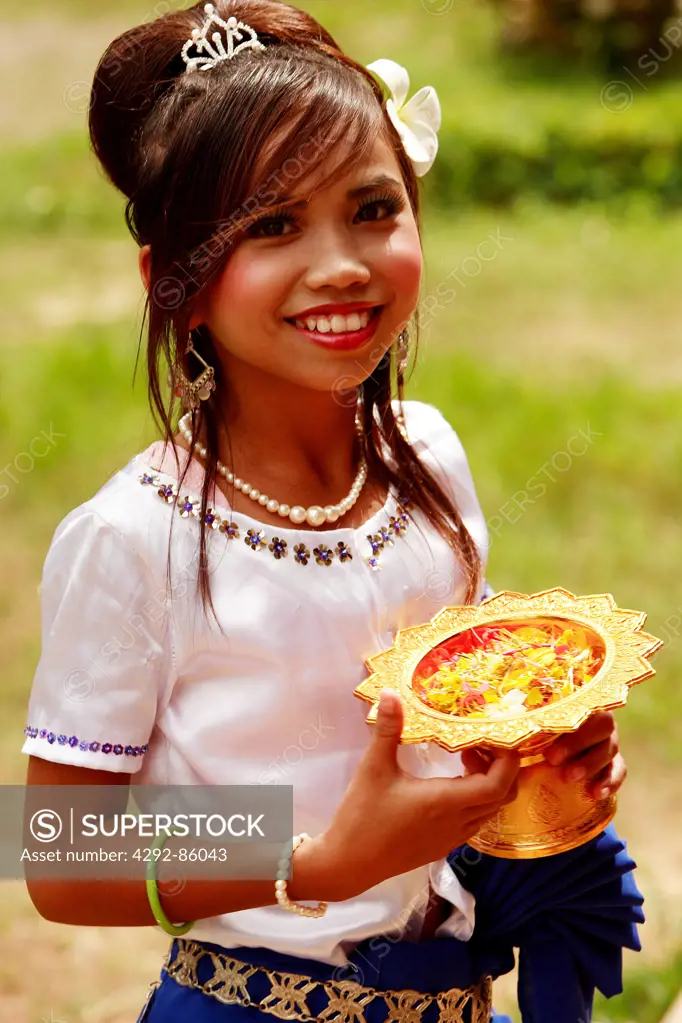 Cambodia, Khmer, portrait of girl in traditional costumes