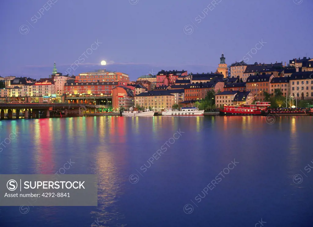 Moon over Sodermalm and Slussen in Stockholm