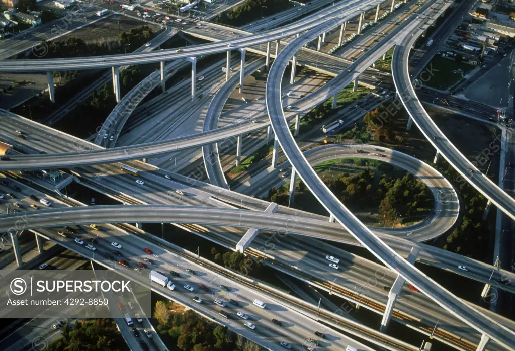 Aerial view of freeway interchange in Los Angeles