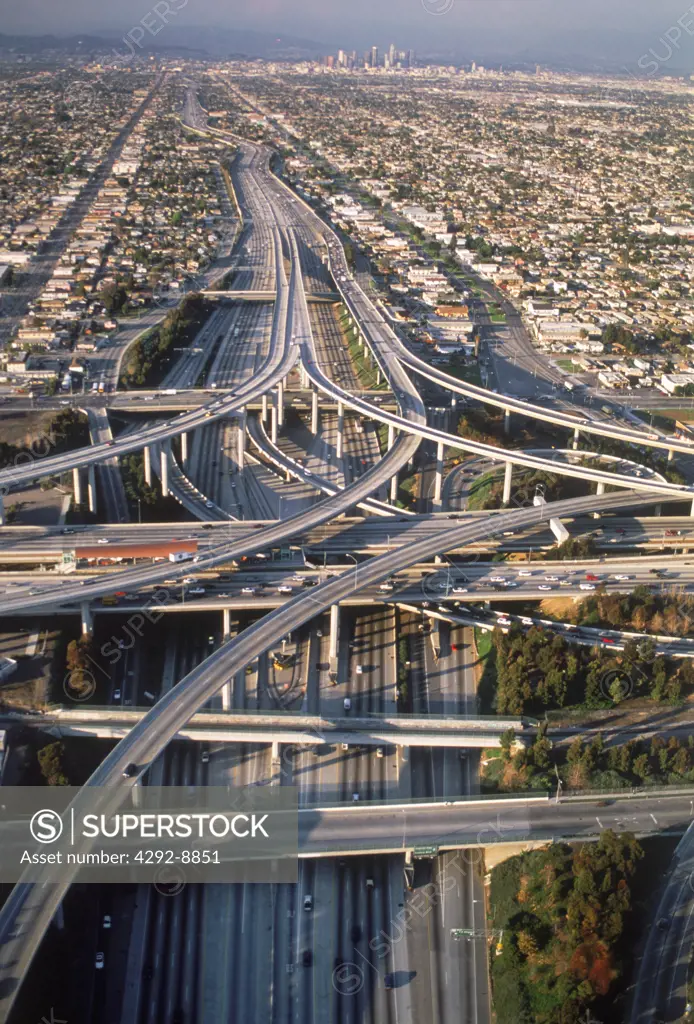 Aerial view of freeway interchange in Los Angeles