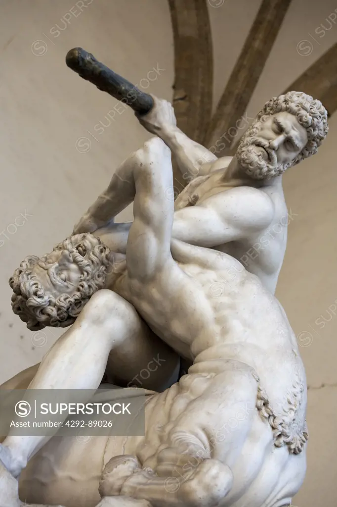 Italy, Tuscany, Florence, Signoria Square, Lanzi's Loggia, Hercules and the Centaur, artist Giambologna, Jean de Boulogne, marble statue